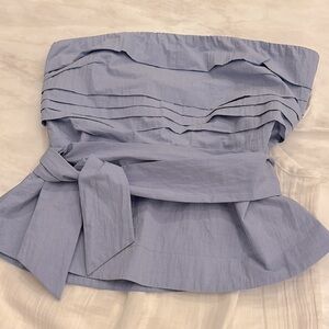 & Layered at Anthro Blue Pleated Strapless Top tie belt in front or back. M NWT